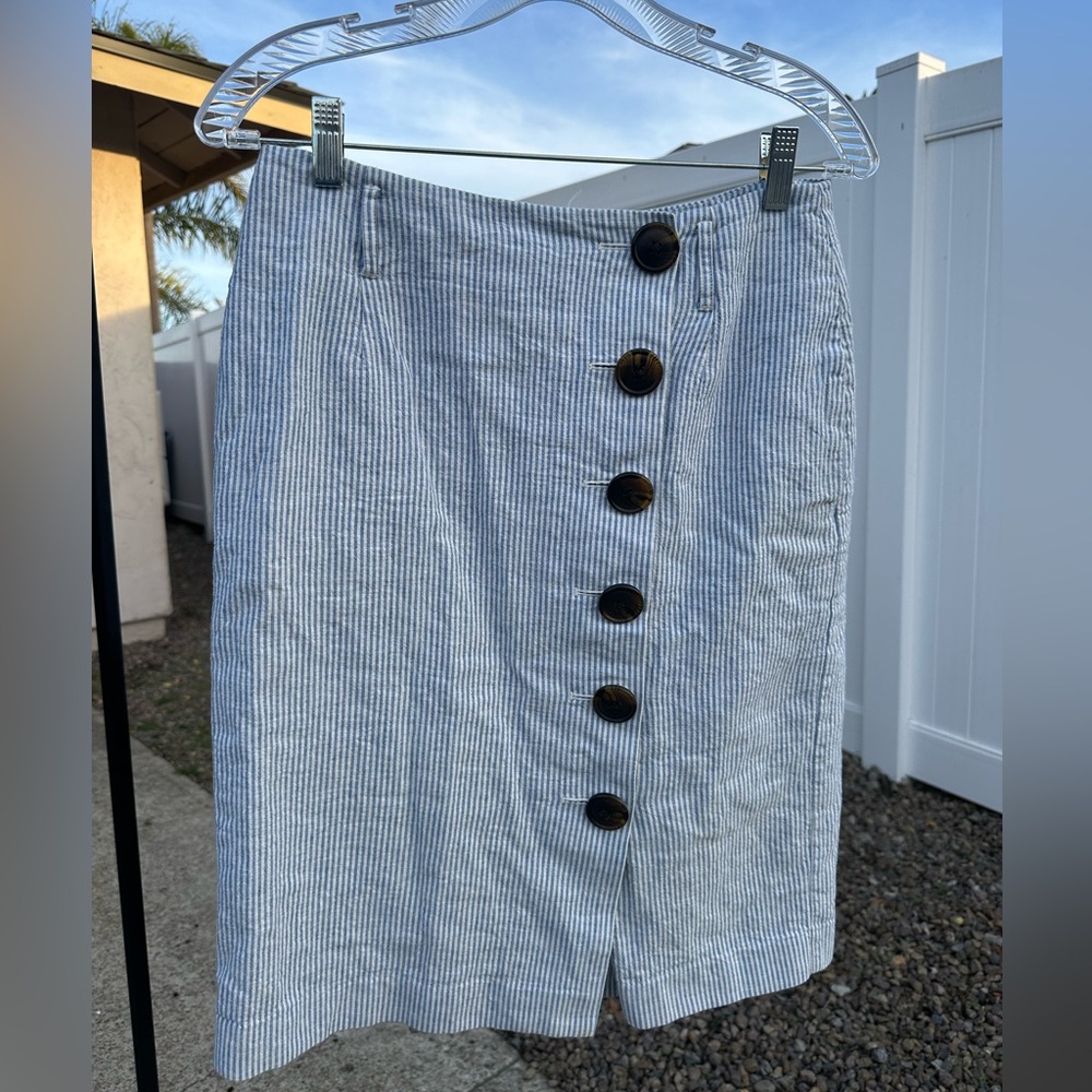 Biden Linen Blue and White Button Up Striped Skirt